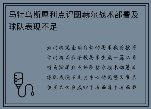 马特乌斯犀利点评图赫尔战术部署及球队表现不足